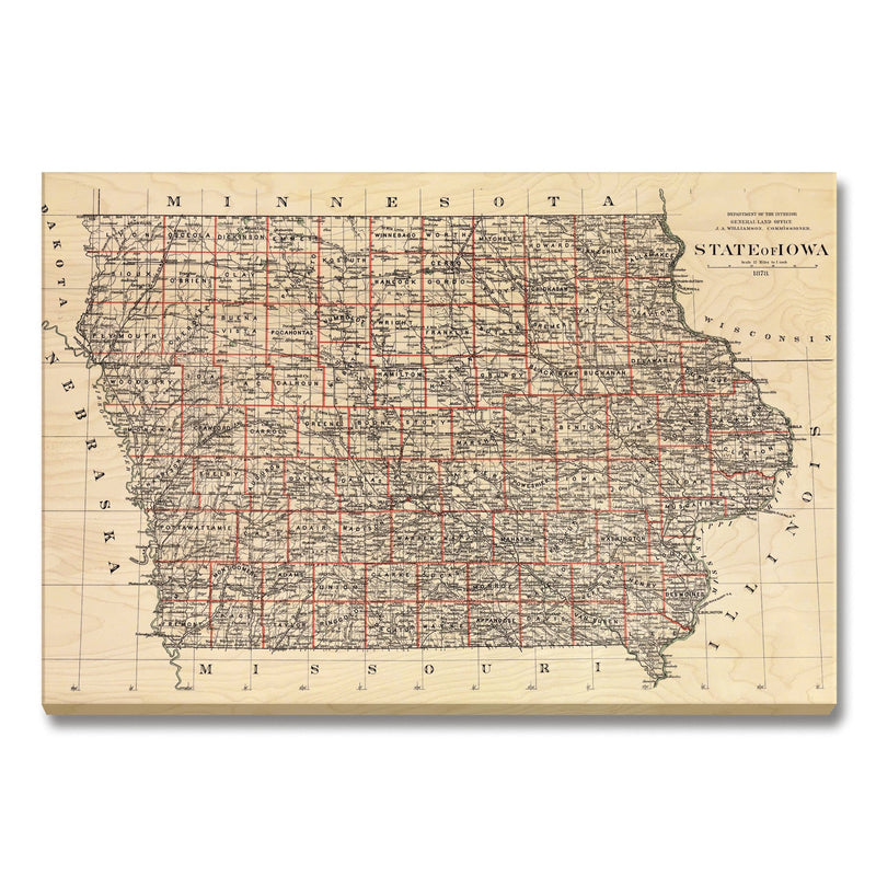 Iowa Map from 1878 DaydreamHQ Grand Wood Wall Art 36x24