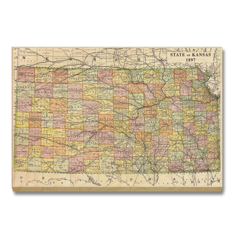 Kansas Map from 1897 DaydreamHQ Grand Wood Wall Art 24x18