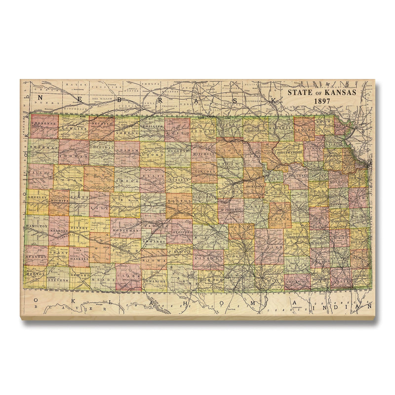Kansas Map from 1897 DaydreamHQ Grand Wood Wall Art 48x32