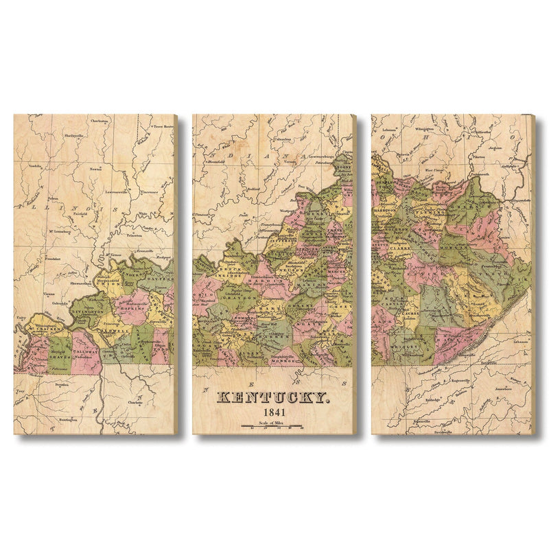 Kentucky Map from 1841 DaydreamHQ Grand Wood Wall Art 60x40 (3pc set)