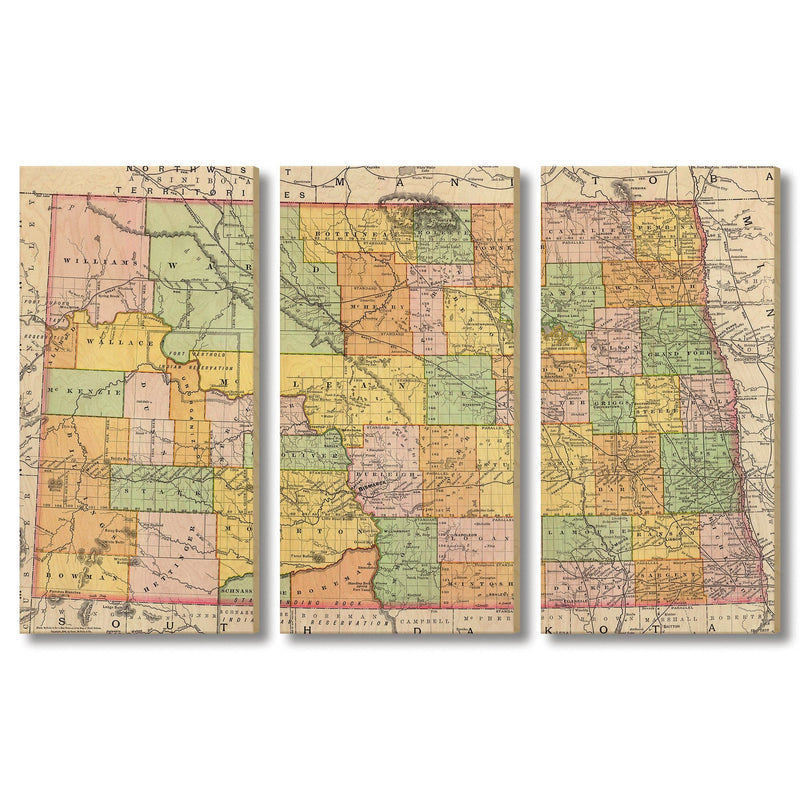 North Dakota Map from 1897 DaydreamHQ Grand Wood Wall Art 60x40 (3pc set)