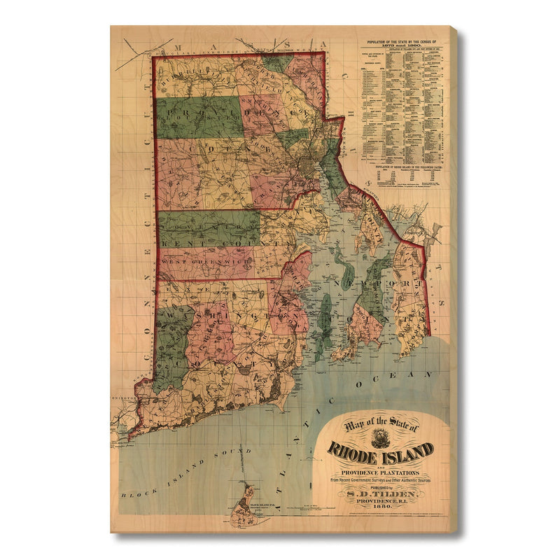 Rhode Island Map from 1880 DaydreamHQ Grand Wood Wall Art 24x36