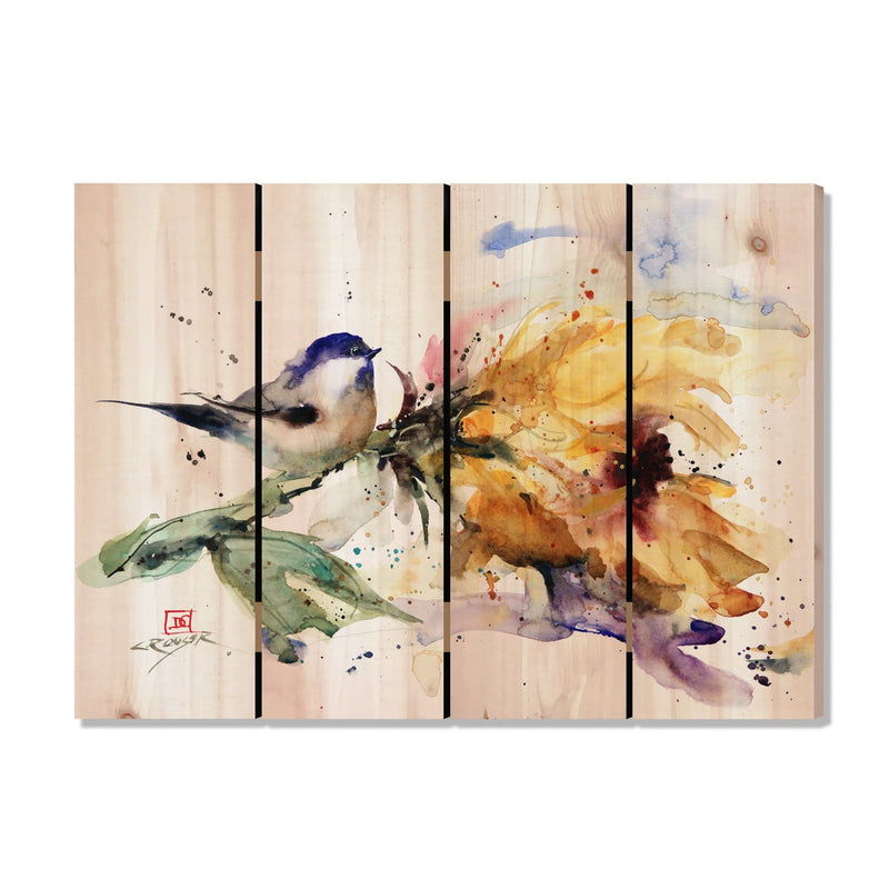 Chickadee & Sunflower by Crouser DaydreamHQ Fine Art on Wood 22x16