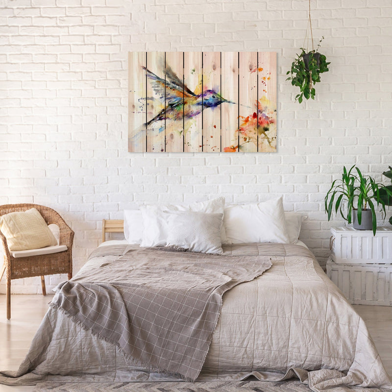 Colorful Hummingbird in Flight by Crouser DaydreamHQ Fine Art on Wood