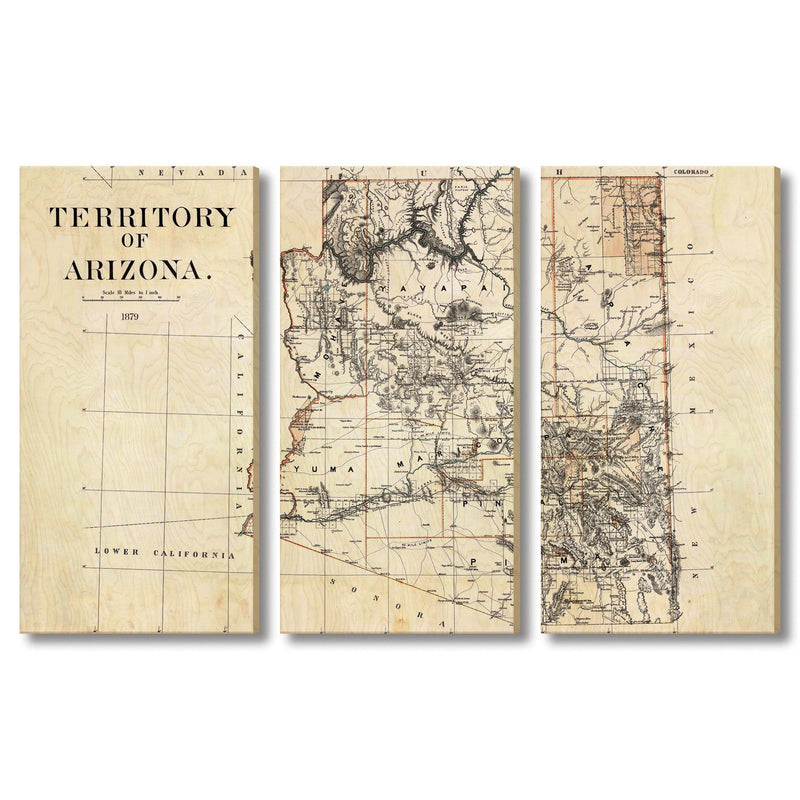 Arizona Map from 1879 DaydreamHQ Grand Wood Wall Art 60x40 (3pc set)