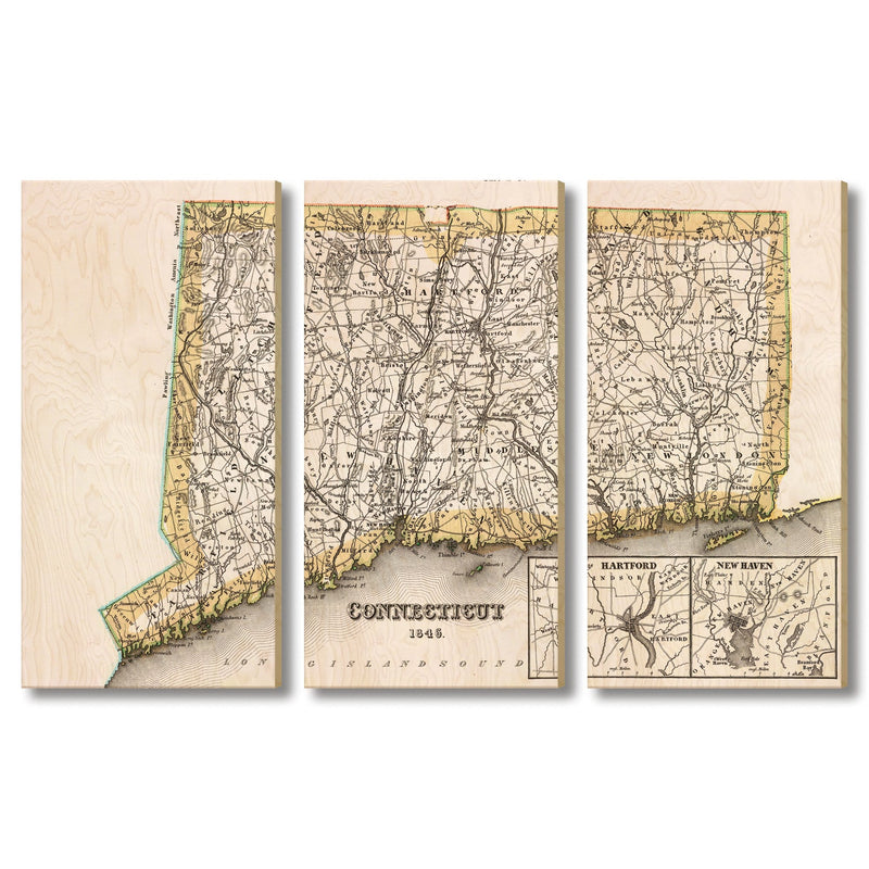 Connecticut Map from 1846 DaydreamHQ Grand Wood Wall Art 60x40 (3pc set)