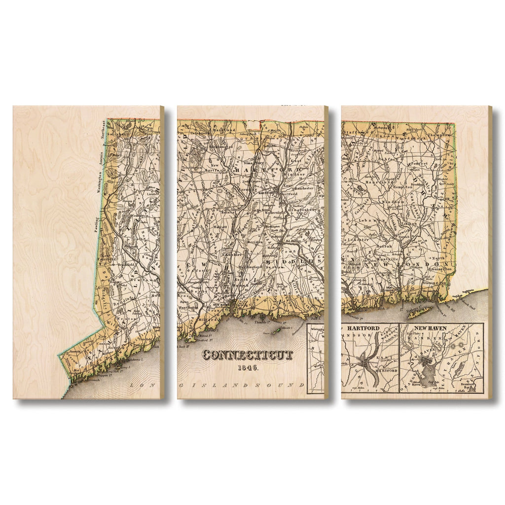 Connecticut Map from 1846 DaydreamHQ Grand Wood Wall Art 72x48 (3pc set)