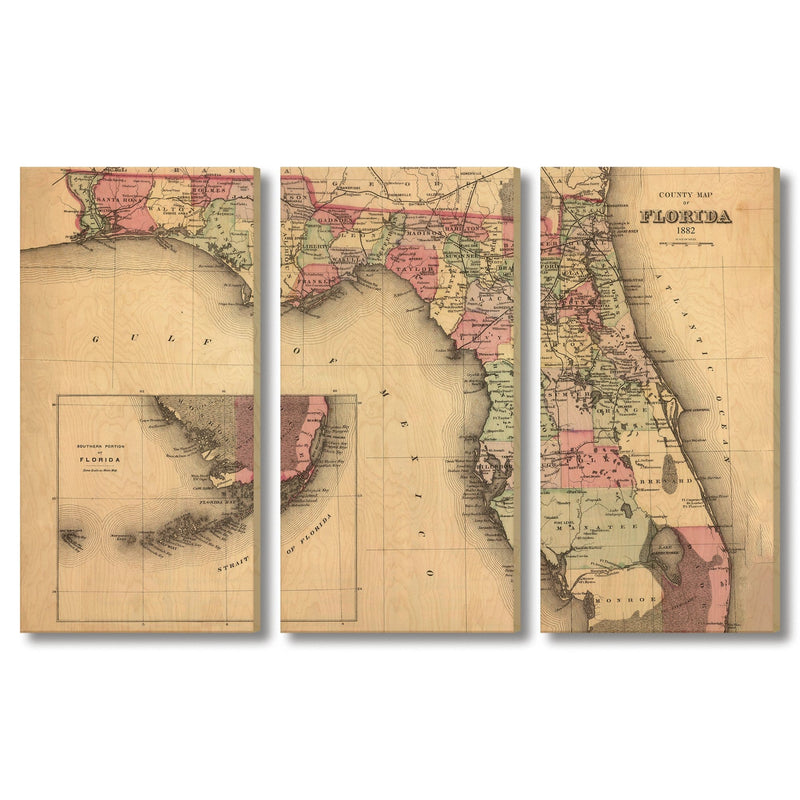 Florida Map from 1882 DaydreamHQ Grand Wood Wall Art 72x48 (3pc set)