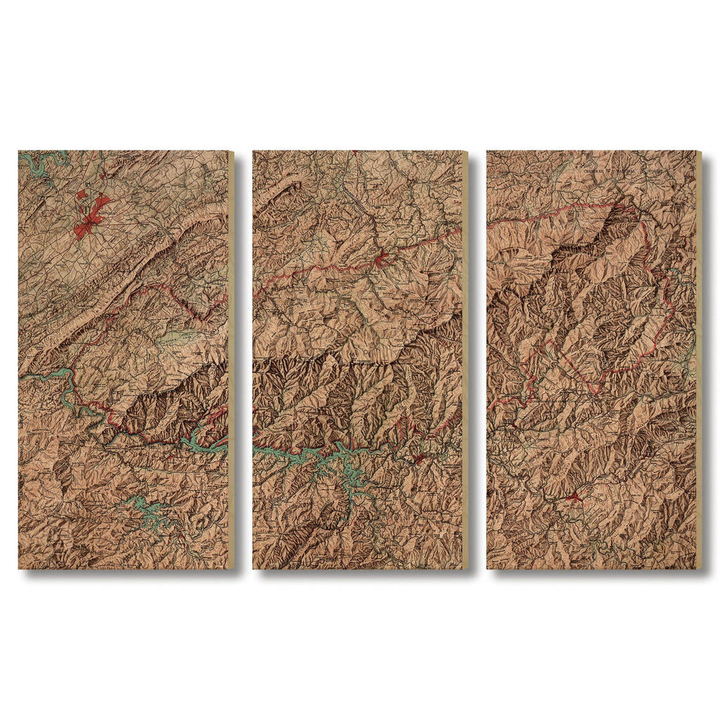 Great Smokey Mountains Map from 1963 DaydreamHQ Grand Wood Wall Art 72x48 (3pc set)