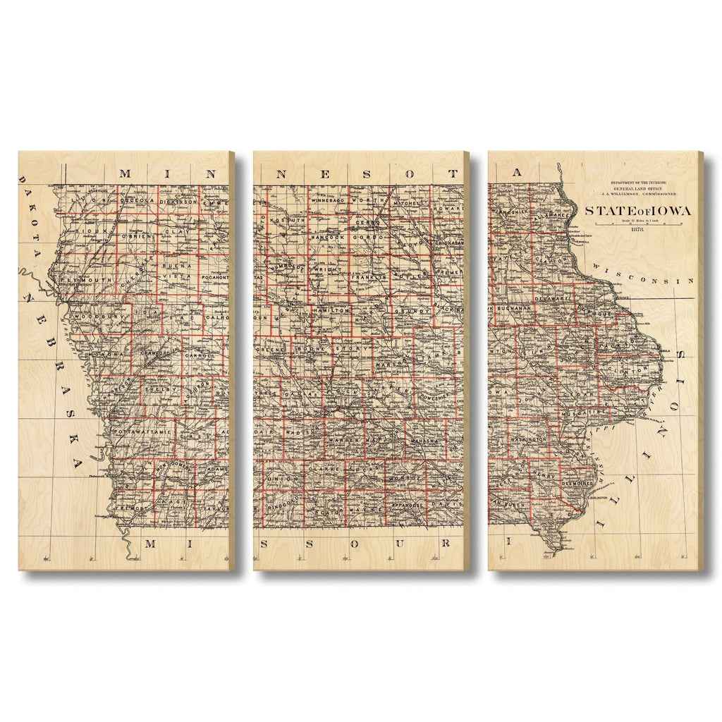 Iowa Map from 1878 DaydreamHQ Grand Wood Wall Art 72x48 (3pc set)