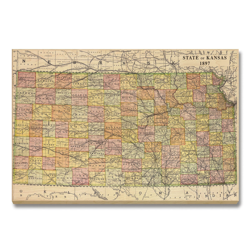 Kansas Map from 1897 DaydreamHQ Grand Wood Wall Art 36x24