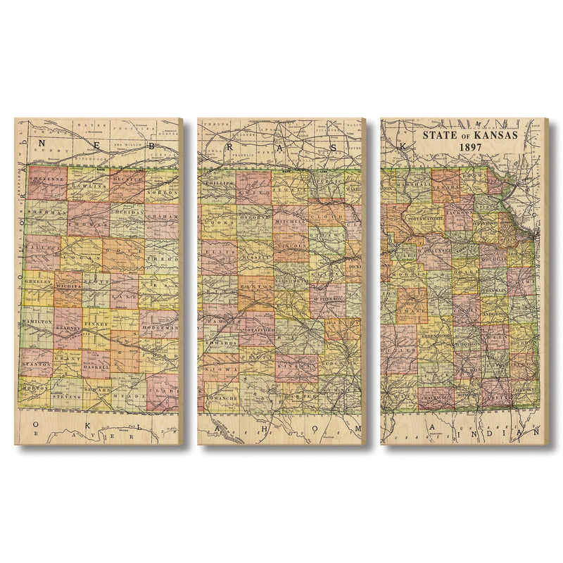 Kansas Map from 1897 DaydreamHQ Grand Wood Wall Art 72x48 (3pc set)