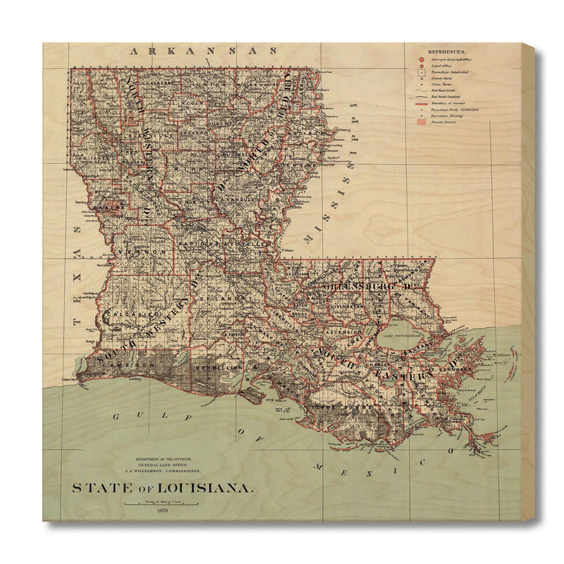 Louisiana Map from 1879 DaydreamHQ Grand Wood Wall Art 24x24