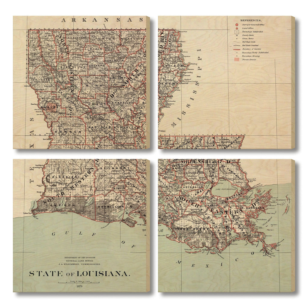 Louisiana Map from 1879 DaydreamHQ Grand Wood Wall Art 48x48 (4pc set)