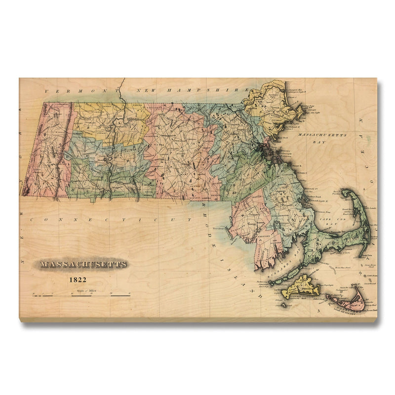 Massachusetts Map from 1822 DaydreamHQ Grand Wood Wall Art 36x24