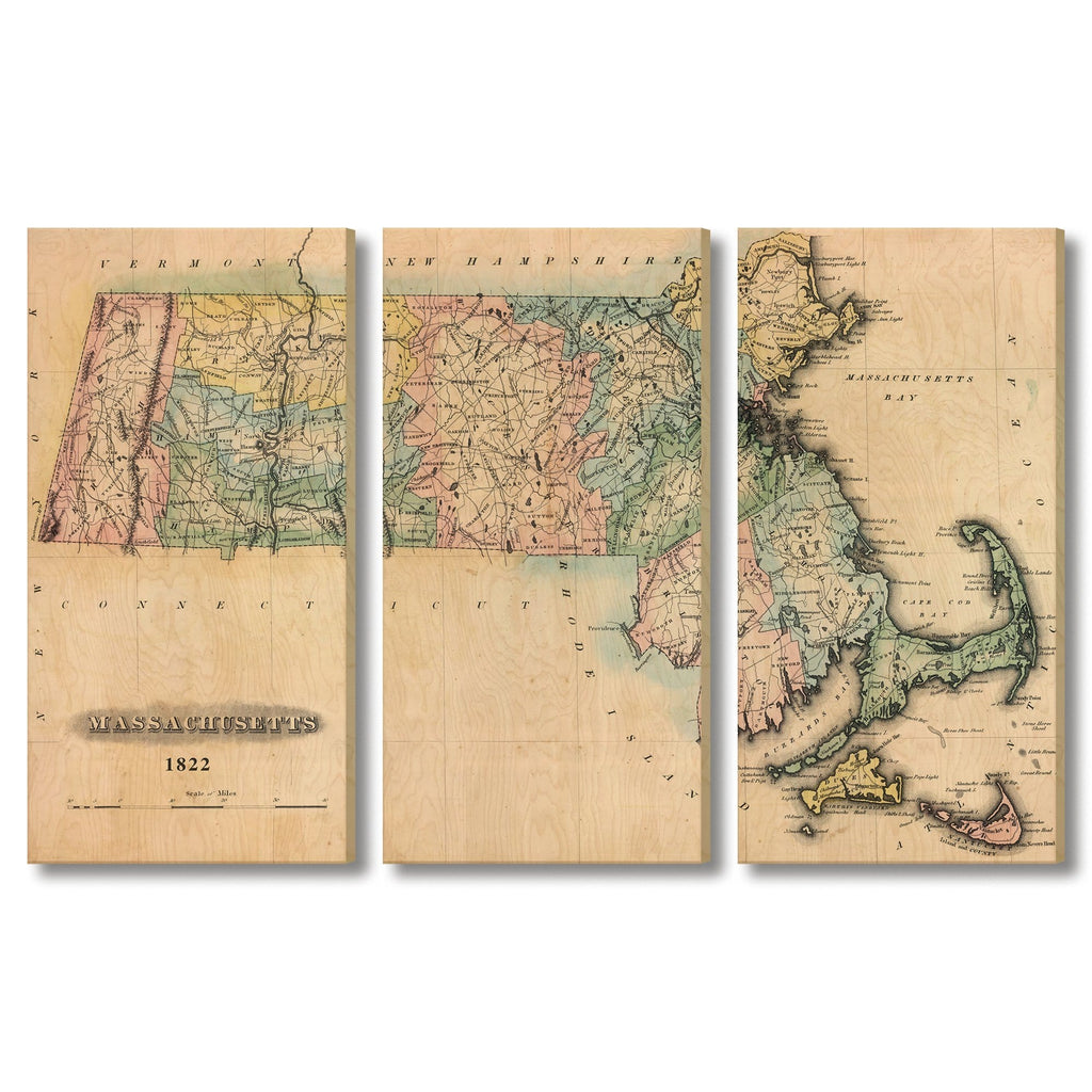 Massachusetts Map from 1822 DaydreamHQ Grand Wood Wall Art 72x48 (3pc set)