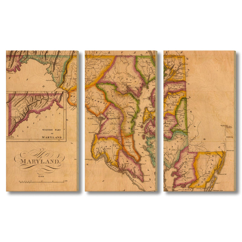 Maryland Map from 1822 DaydreamHQ Grand Wood Wall Art 72x48 (3pc set)