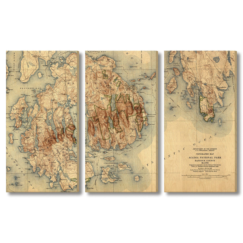 Acadia, Maine Map from 1931 DaydreamHQ Grand Wood Wall Art 72x48 (3pc set)