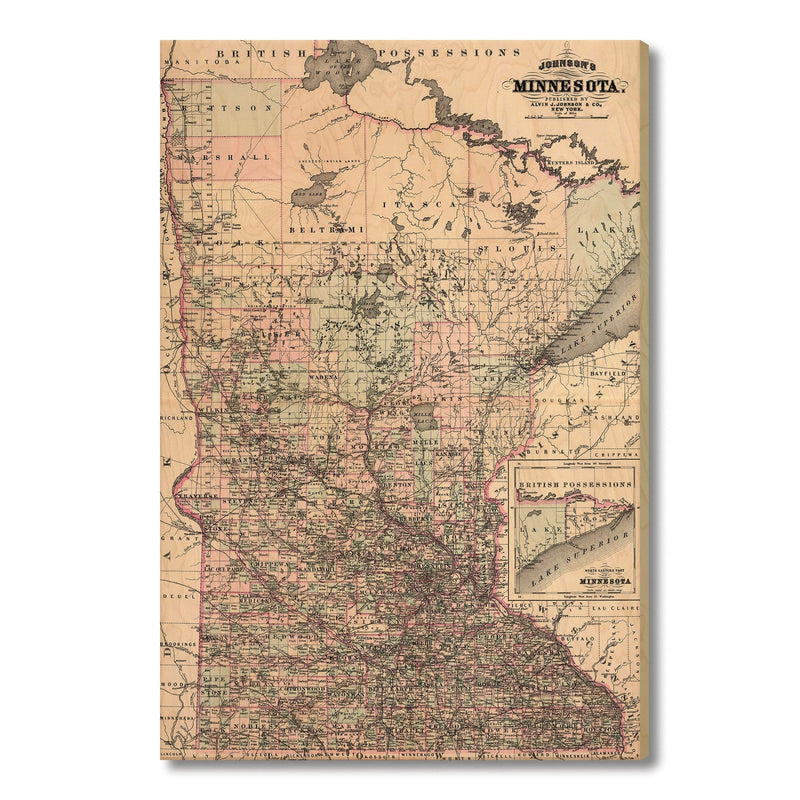 Minnesota Map from 1886 DaydreamHQ Grand Wood Wall Art 32x48