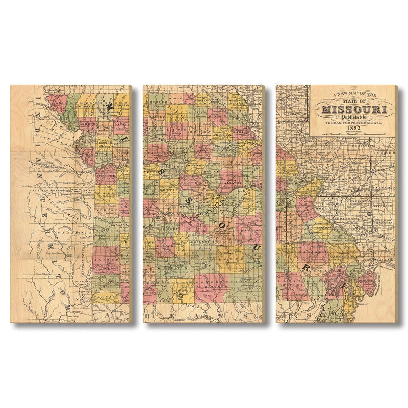 Missouri Map from 1852 DaydreamHQ Grand Wood Wall Art 60x40 (3pc set)