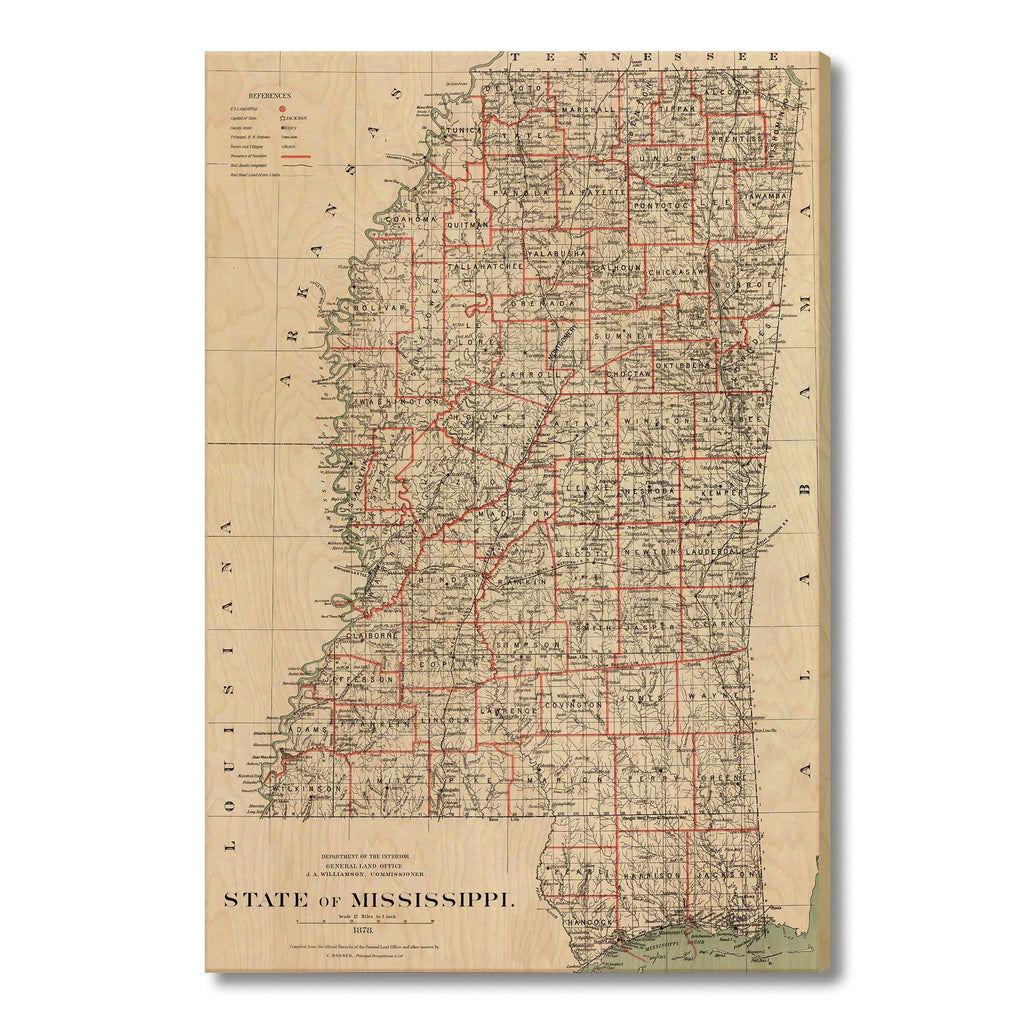 Mississippi Map from 1878 DaydreamHQ Grand Wood Wall Art 32x48