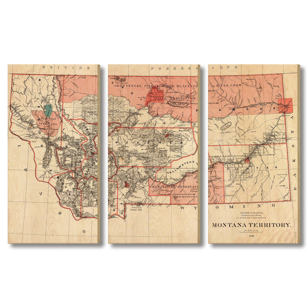 Montana Map from 1883 DaydreamHQ Grand Wood Wall Art 72x48 (3pc set)