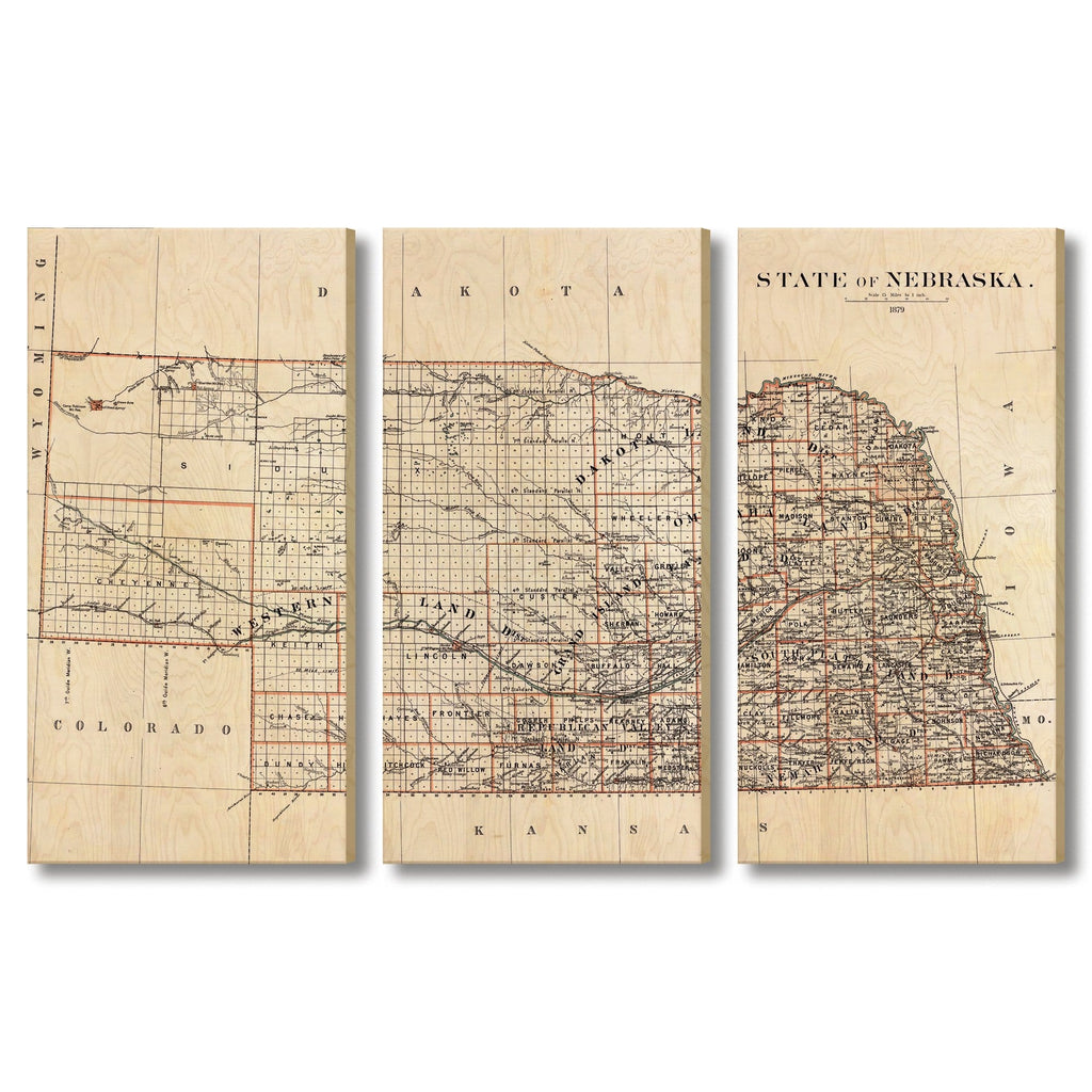 Nebraska Map from 1879 DaydreamHQ Grand Wood Wall Art 72x48 (3pc set)