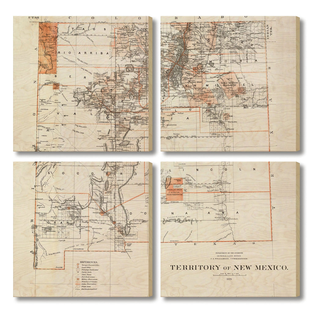 New Mexico Map from 1879 DaydreamHQ Grand Wood Wall Art 48x48 (4pc set)