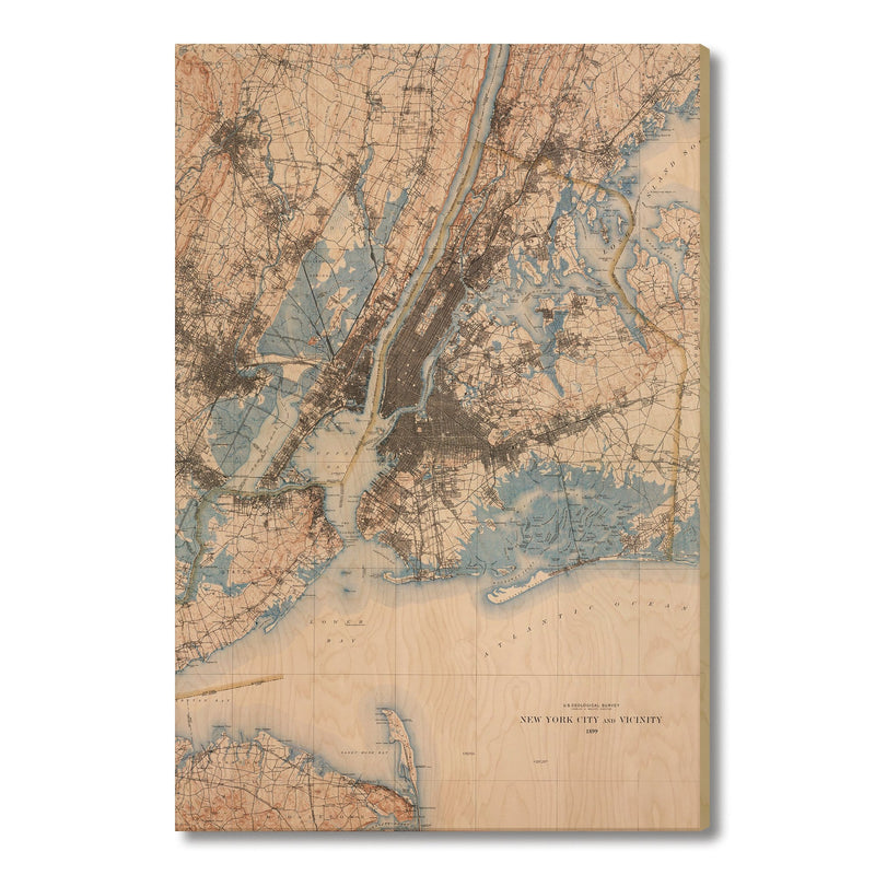 New York City, New York Map from 1899 DaydreamHQ Grand Wood Wall Art 32x48