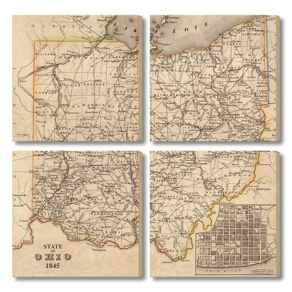 Ohio Map from 1845 DaydreamHQ Grand Wood Wall Art 48x48 (4pc set)