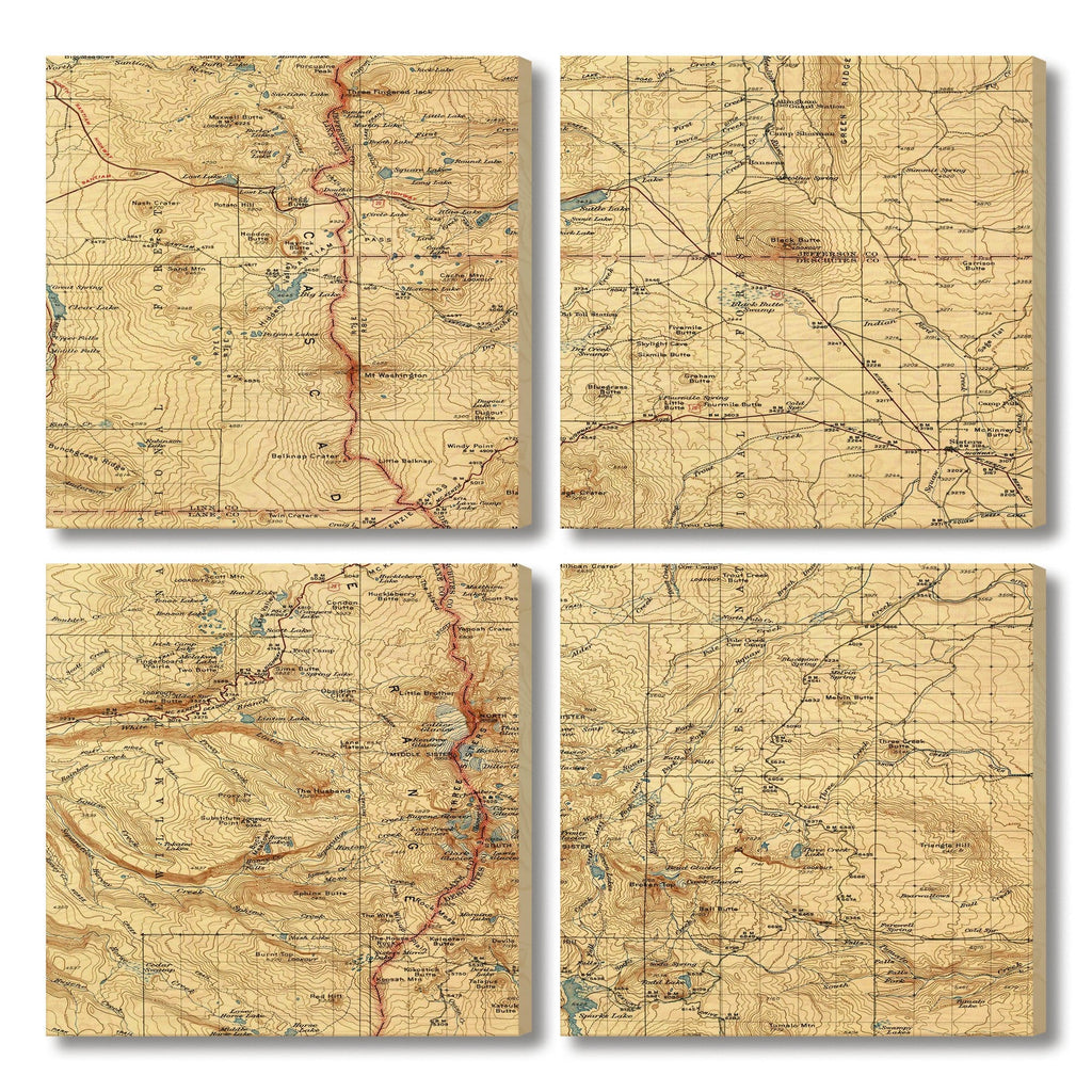 Three Sisters, Oregon Map from 1932 DaydreamHQ Grand Wood Wall Art 48x48 (4pc set)