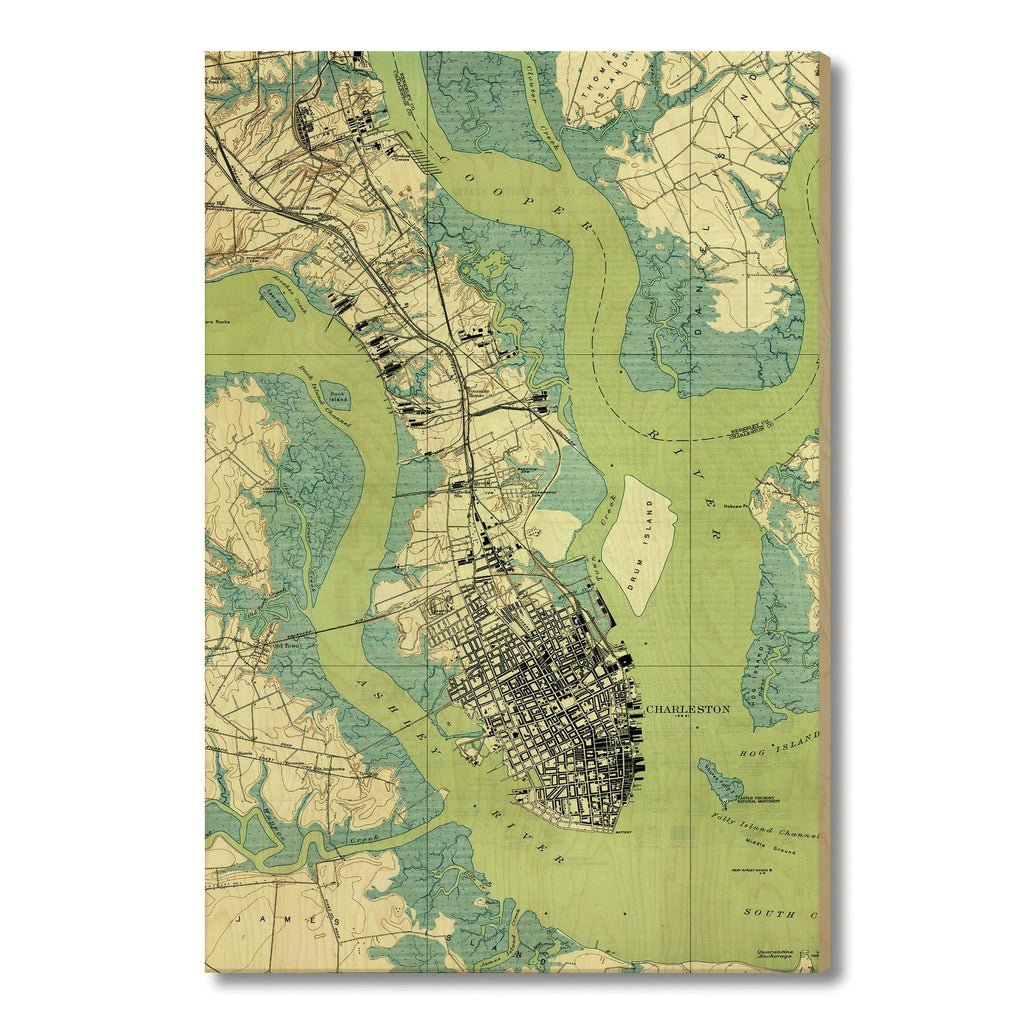 Charleston, South Carolina Map from 1919 DaydreamHQ Grand Wood Wall Art 32x48