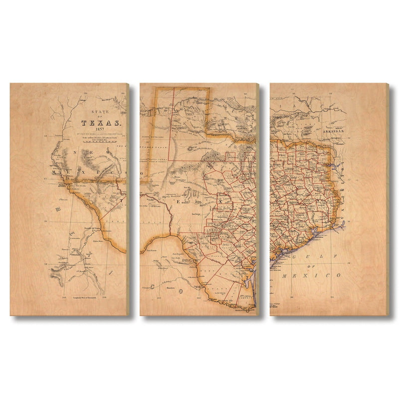 Texas Map from 1857 DaydreamHQ Grand Wood Wall Art 60x40 (3pc set)