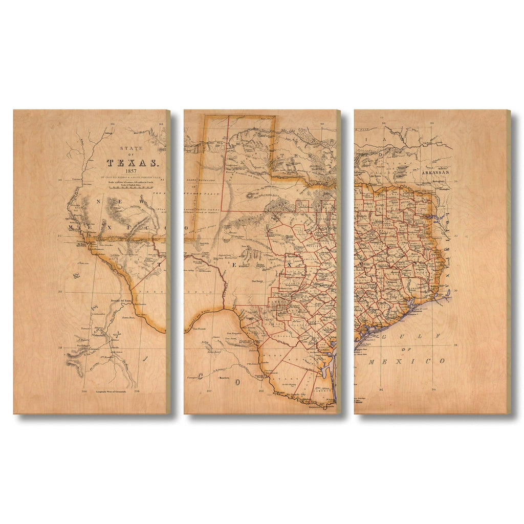 Texas Map from 1857 DaydreamHQ Grand Wood Wall Art 72x48 (3pc set)