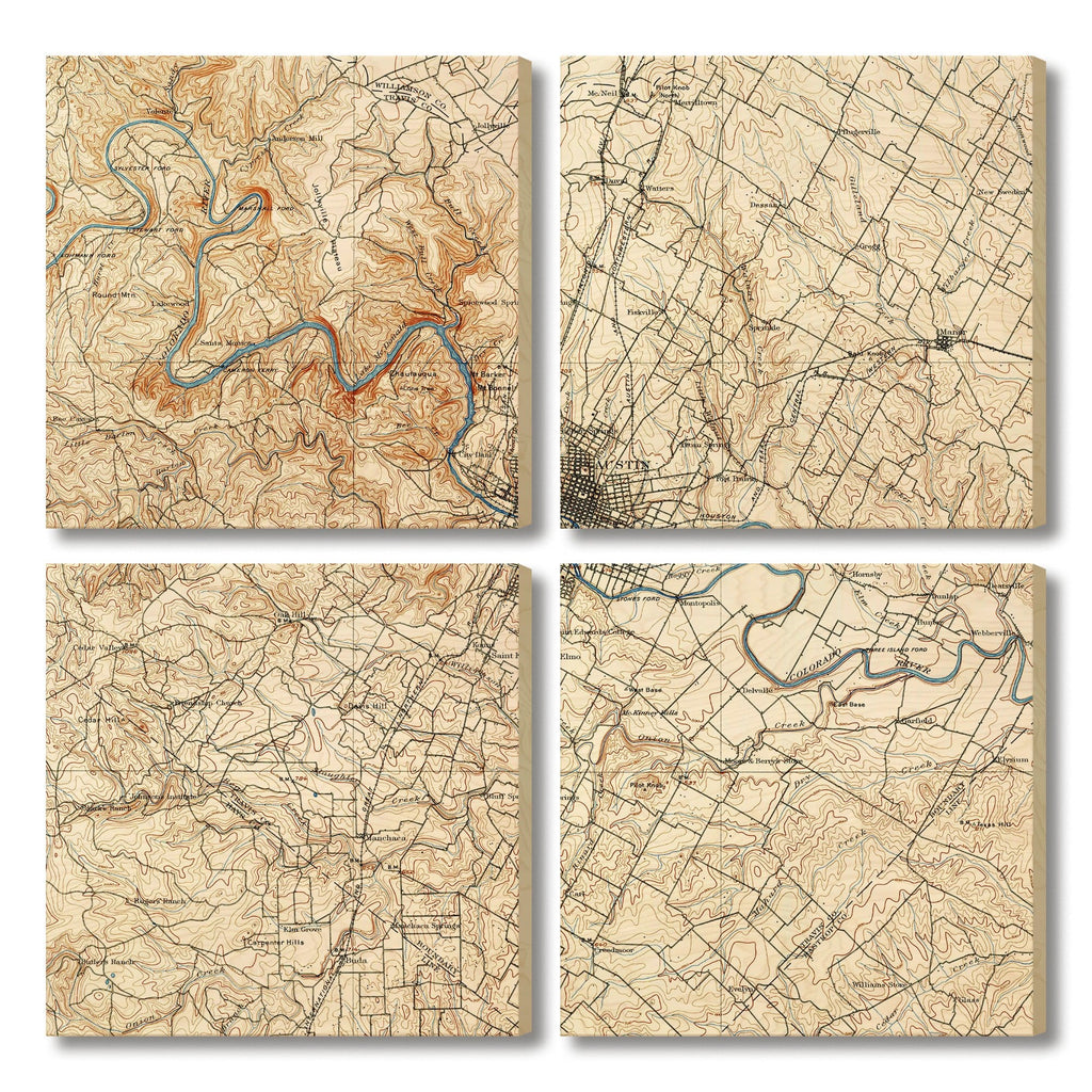 Austin, Texas Map from 1896 DaydreamHQ Grand Wood Wall Art 48x48 (4pc set)