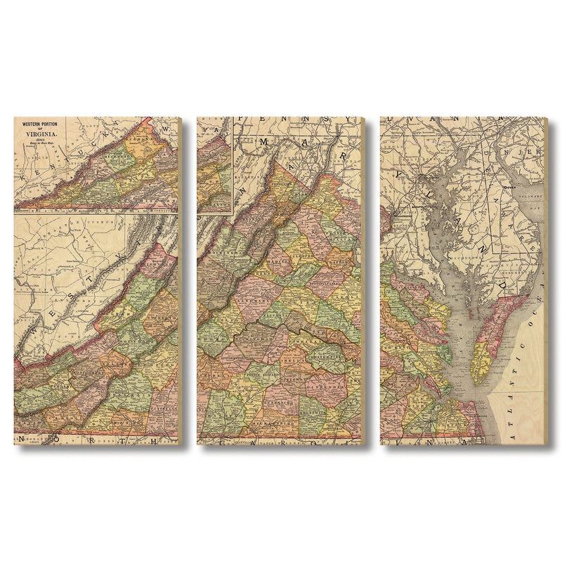 Virginia Map from 1897 DaydreamHQ Grand Wood Wall Art 60x40 (3pc set)