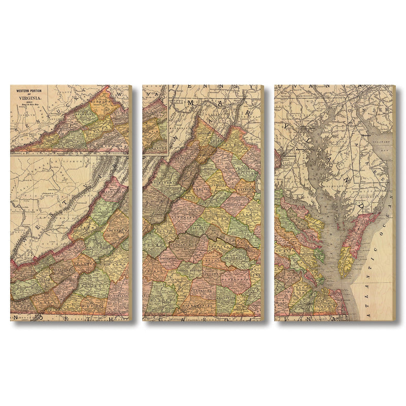 Virginia Map from 1897 DaydreamHQ Grand Wood Wall Art 72x48 (3pc set)