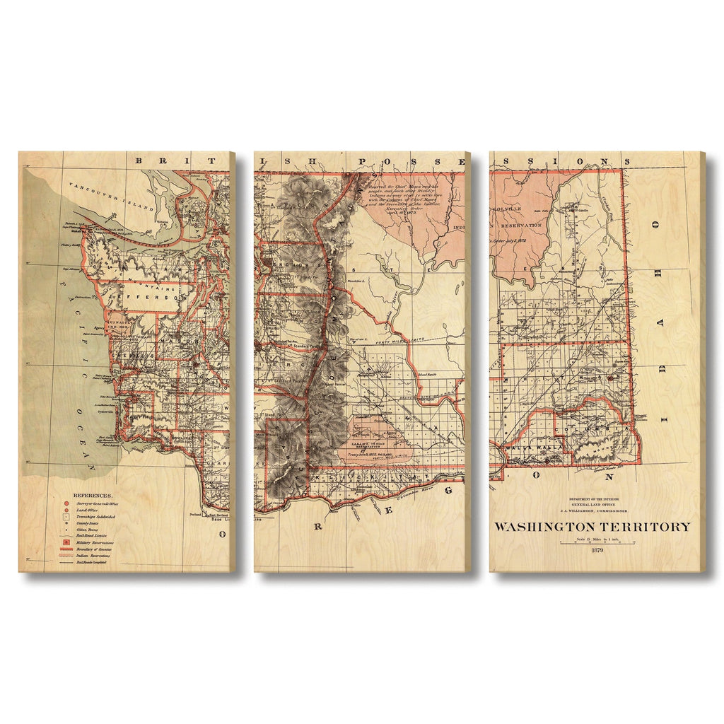 Washington Map from 1879 DaydreamHQ Grand Wood Wall Art 72x48 (3pc set)
