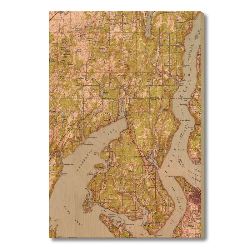 Gig Harbor, Washington Map from 1942 DaydreamHQ Grand Wood Wall Art 24x36