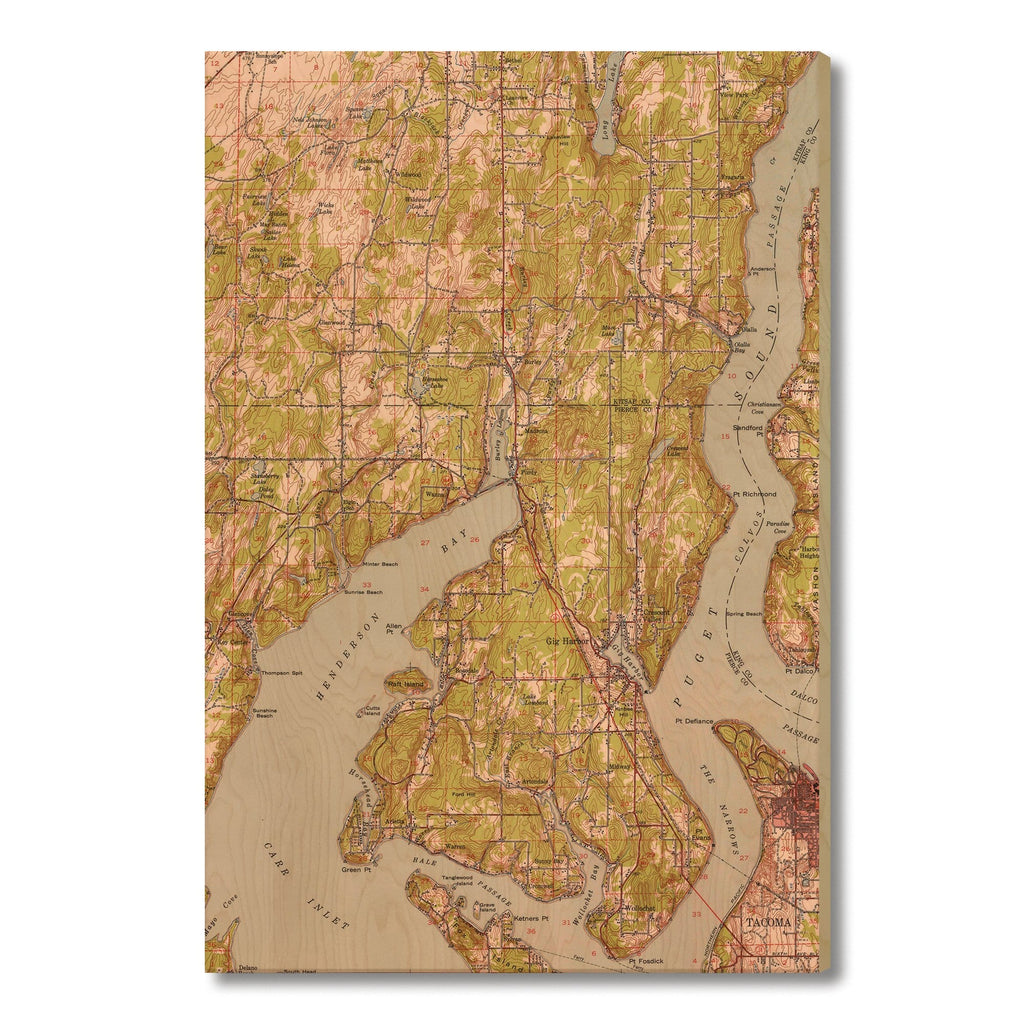 Gig Harbor, Washington Map from 1942 DaydreamHQ Grand Wood Wall Art 32x48