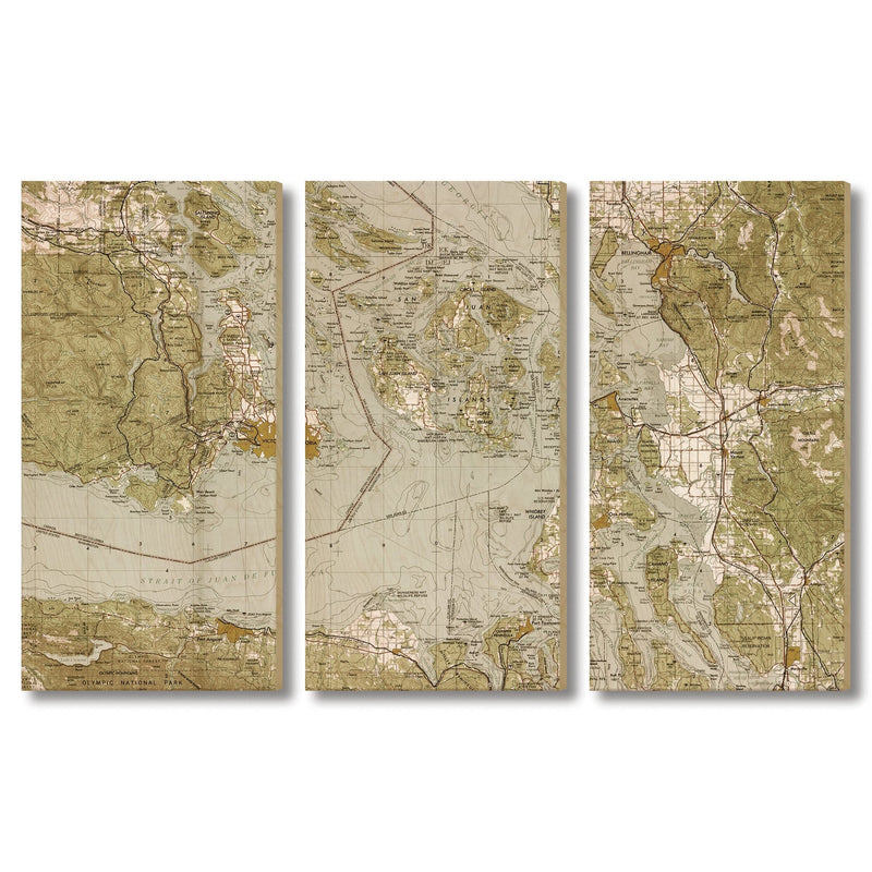 The Puget Sound & San Juan Islands Map from 1957 DaydreamHQ Grand Wood Wall Art 60x40 (3pc set)