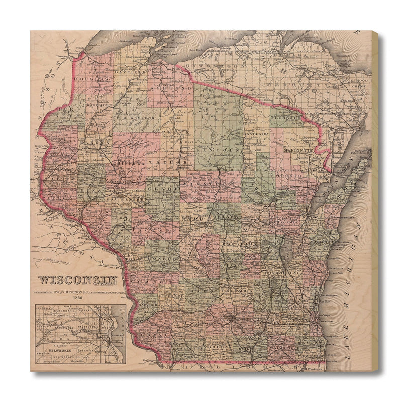 Wisconsin Map from 1886 DaydreamHQ Grand Wood Wall Art 32x32