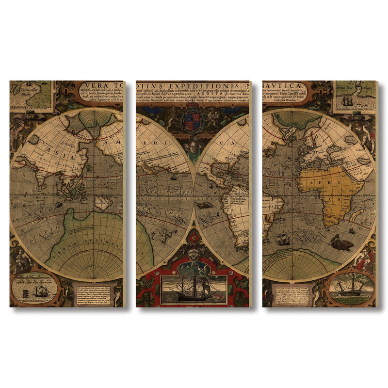 World Map from 1595 DaydreamHQ Grand Wood Wall Art 60x40 (3pc set)