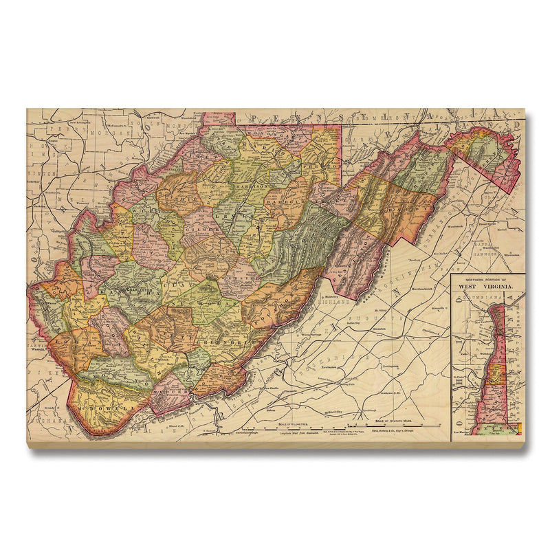 West Virginia Map from 1897 DaydreamHQ Grand Wood Wall Art 36x24