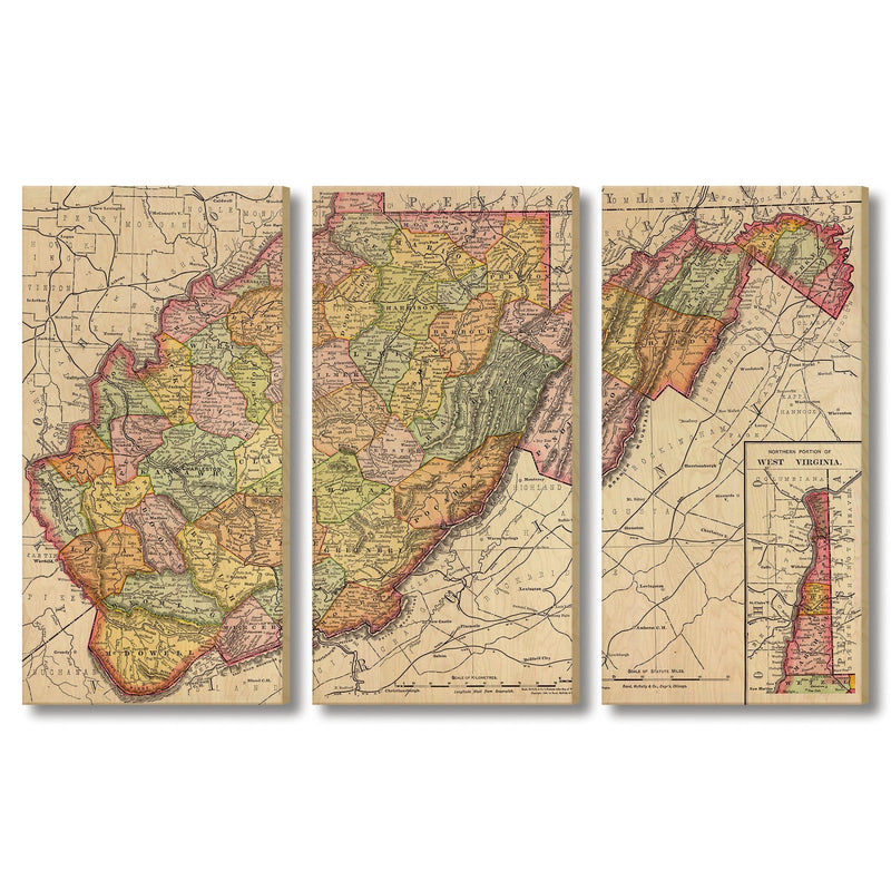 West Virginia Map from 1897 DaydreamHQ Grand Wood Wall Art 72x48 (3pc set)