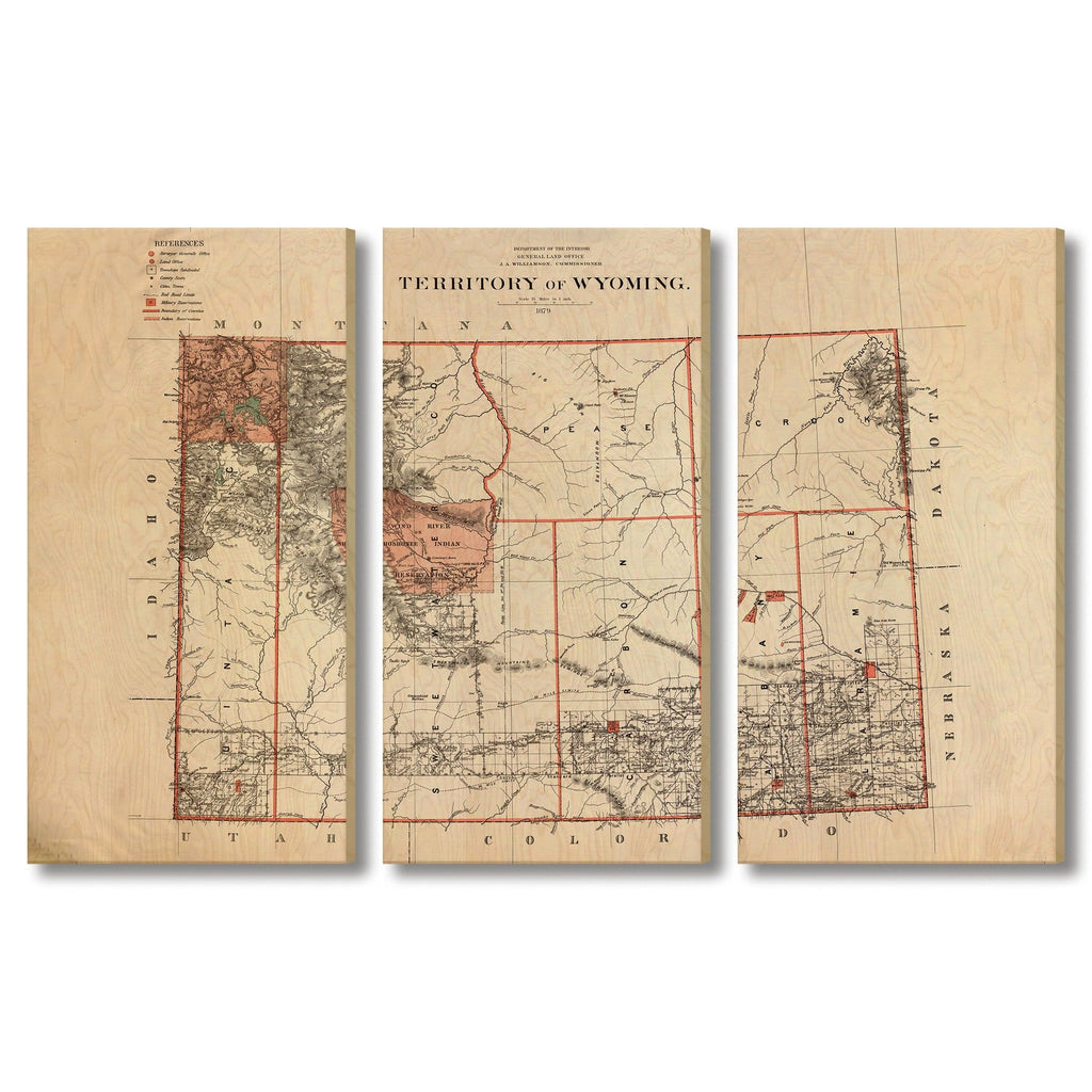 Wyoming Map from 1879 DaydreamHQ Grand Wood Wall Art 72x48 (3pc set)